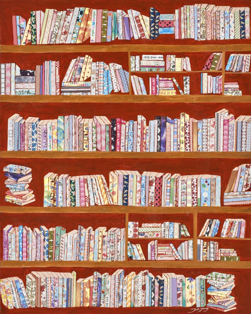 Colorful Patterned Bookshelves by Jukyong Park — canvas wall art