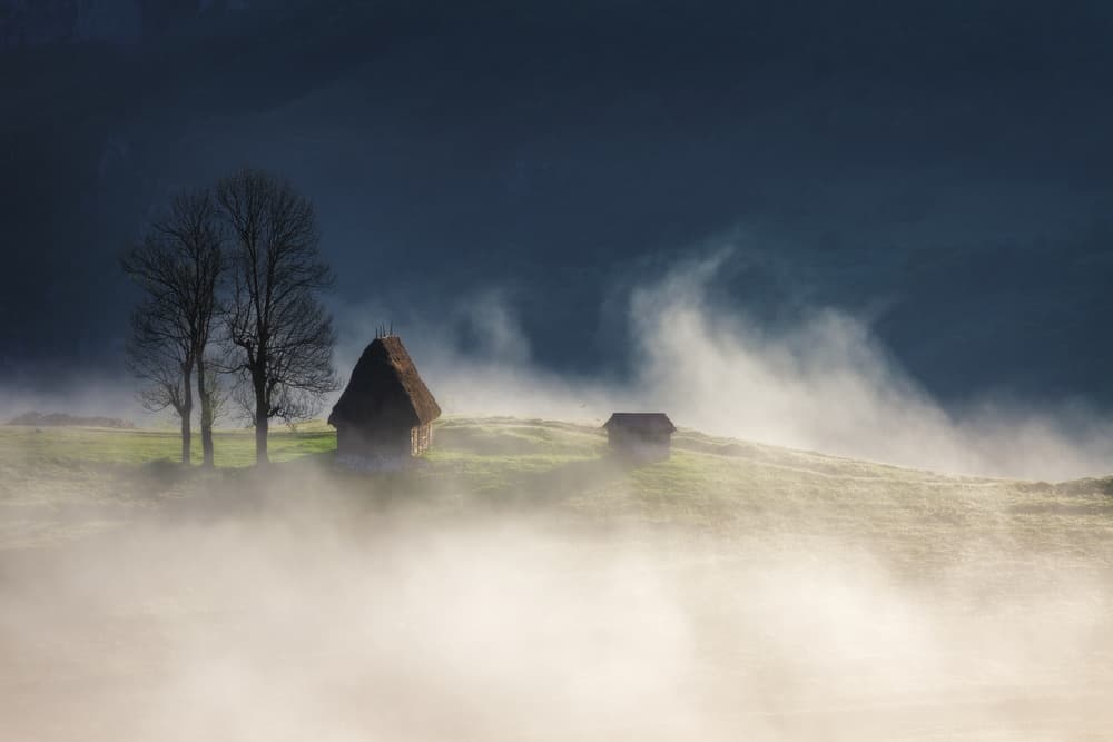 Misty Morning Cabin by Lazar Ioan Ovidiu — canvas wall art