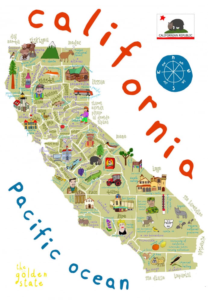 Whimsical California Map by Carla Daly — canvas wall art