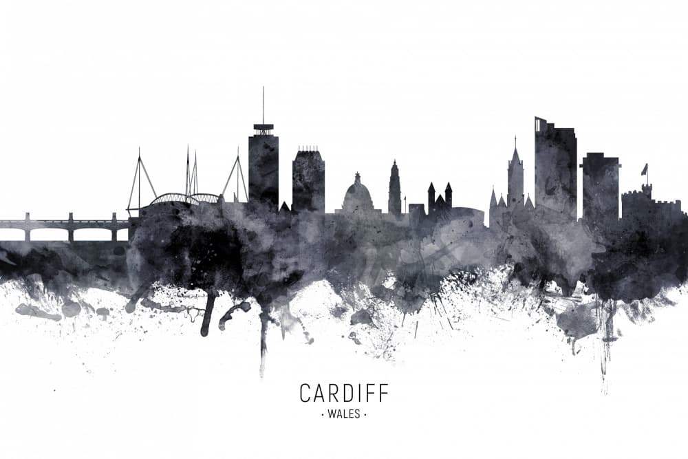 Cardiff Skyline Watercolor by Michael Tompsett — canvas wall art