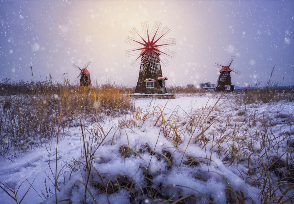 Golden Winter Windmills by Tiger Seo — canvas wall art