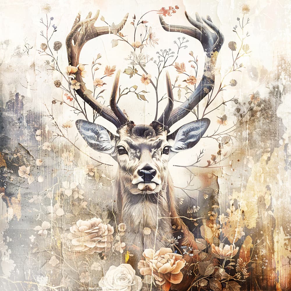 Floral Antler Stag by Rafal Kulik — canvas wall art