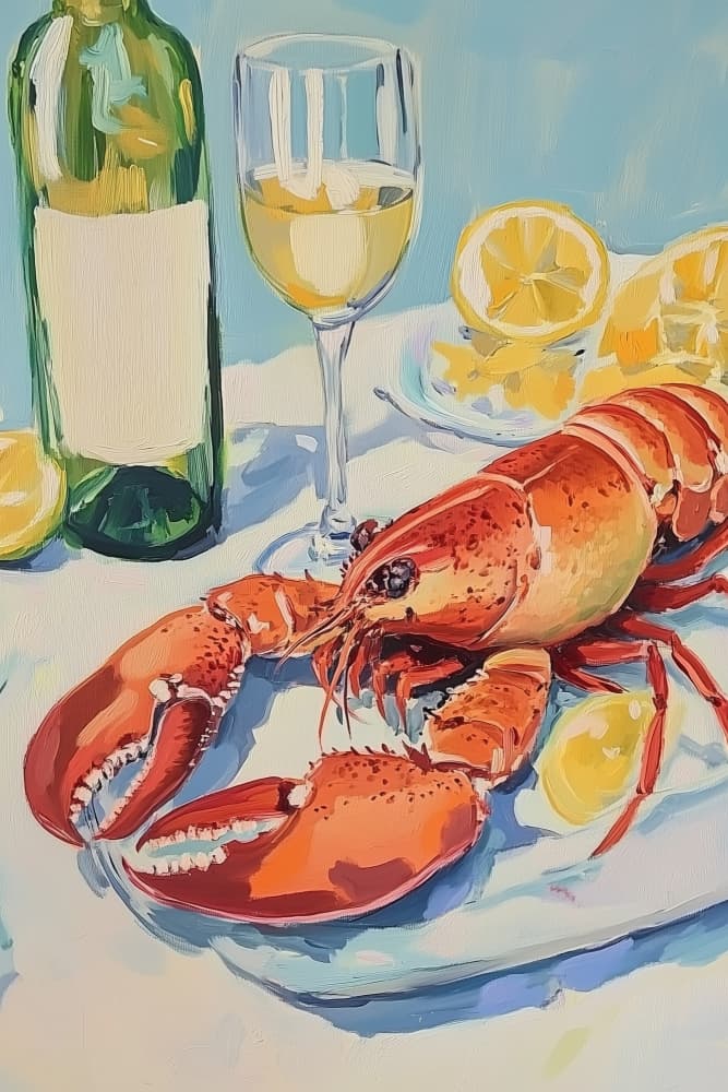 Lobster and White Wine by Melloi Art Prints — canvas wall art