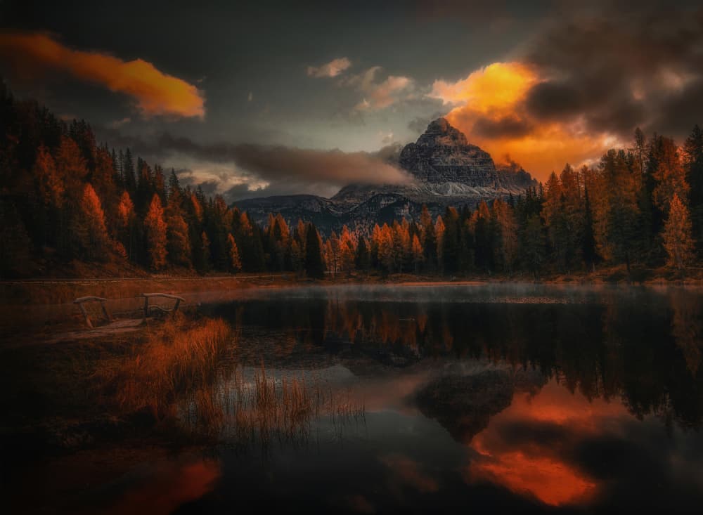 Dramatic Mountain Lake Sunset by Leechee Z — canvas wall art