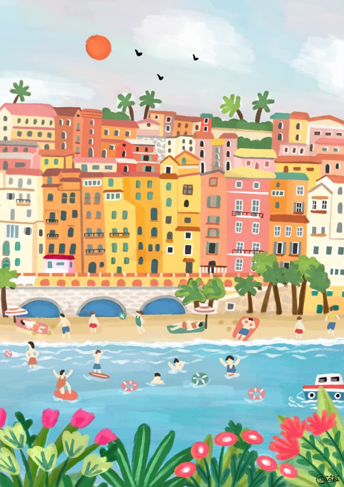 Mediterranean Beach Town by Nidhi Kachhadiya — canvas wall art