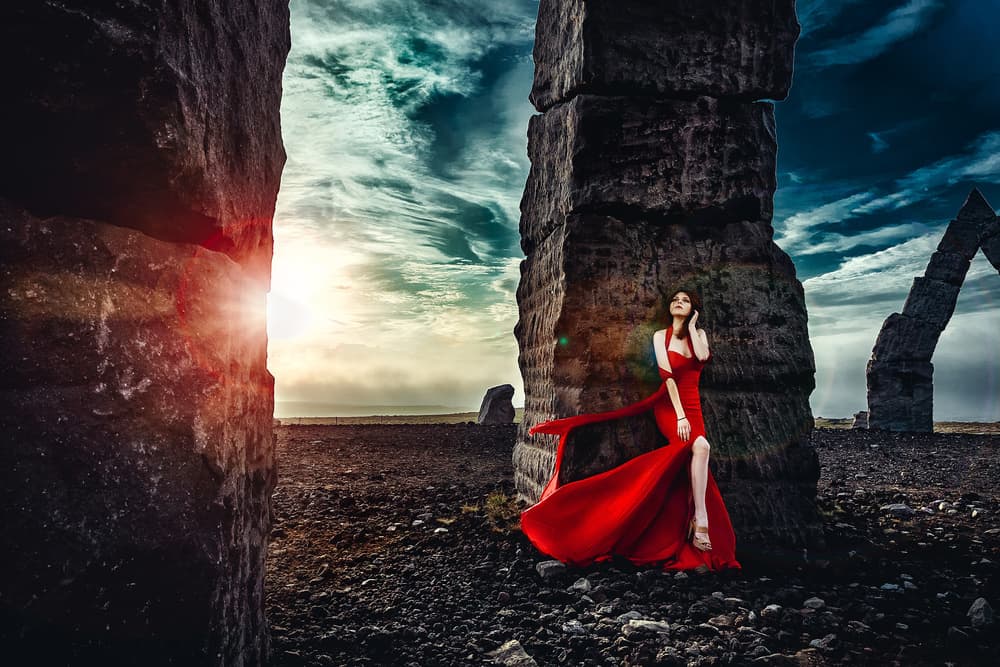 Red Dress Epic Landscape by Ruslan Bolgov — canvas wall art