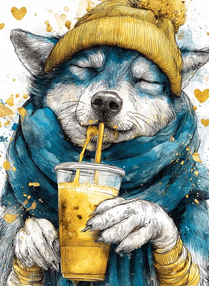 Happy Husky Warm Drink by Justyna Jaszke — canvas wall art