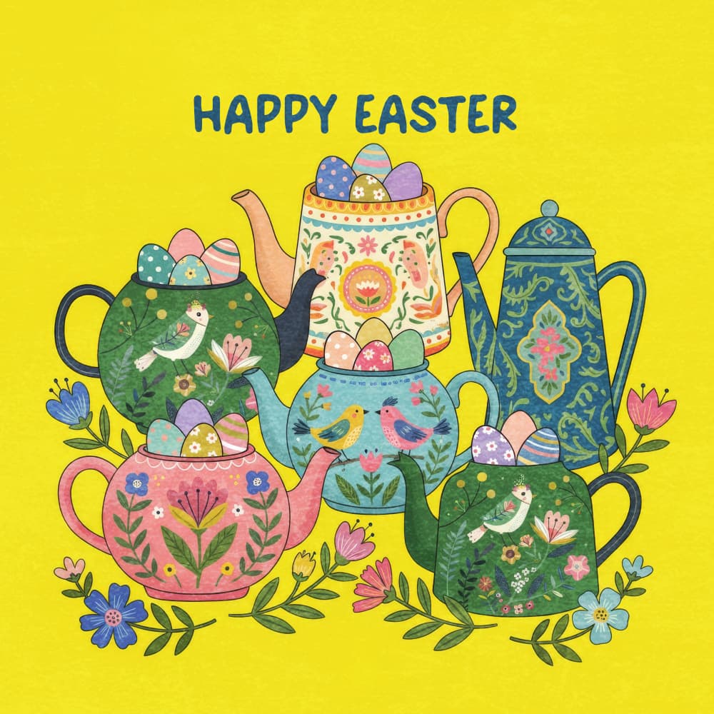Happy Easter Teapots by Emel Tunaboylu — canvas wall art