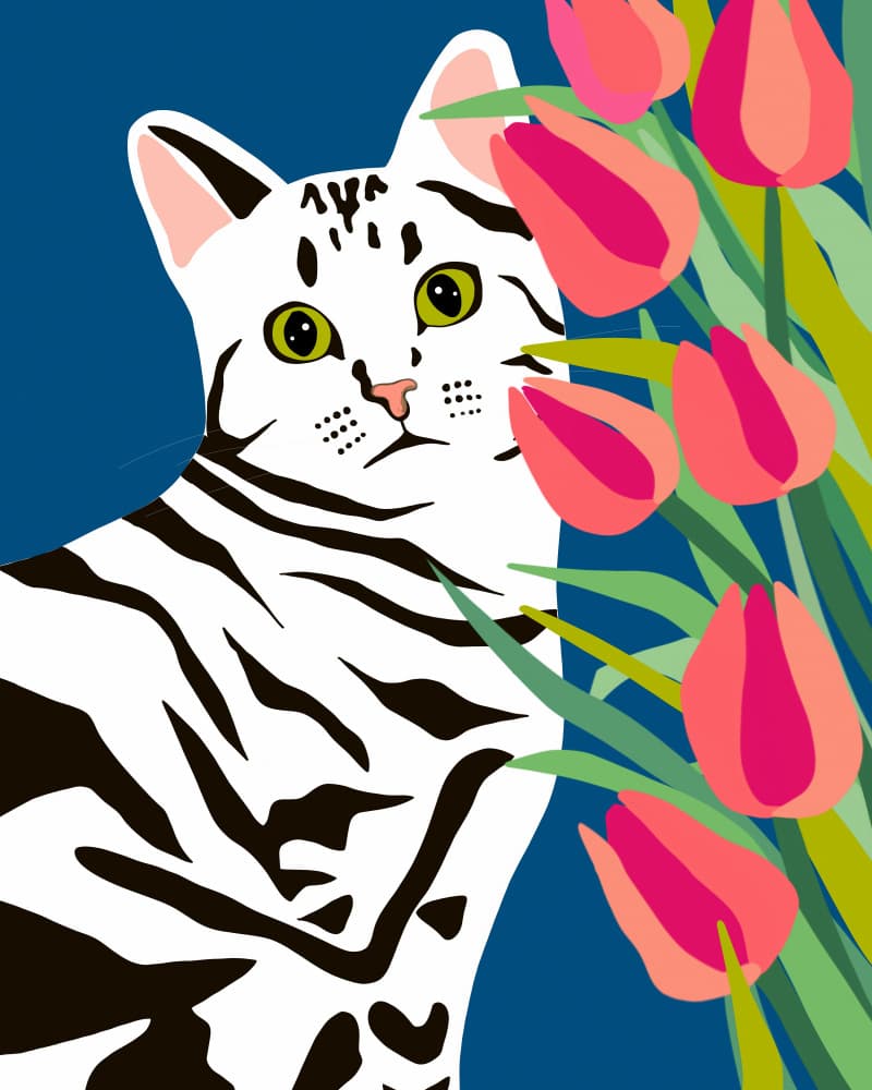 Curious Cat and Tulips