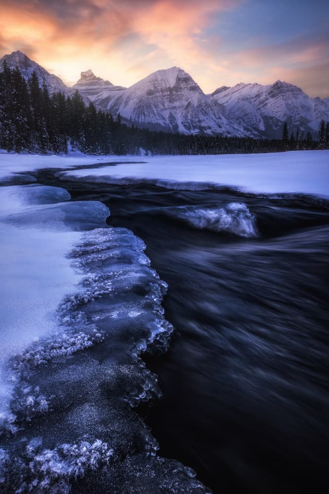 Icy River Sunset Mountains by Daniel Gastager — canvas wall art