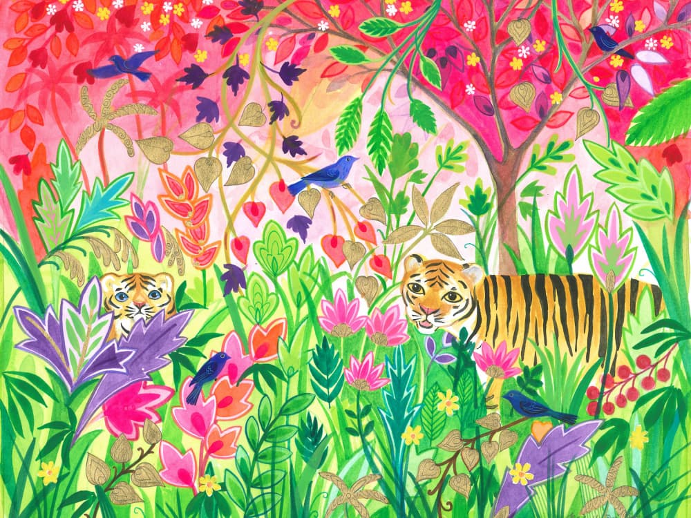 Jungle Painting With Lush Foliage And Exotic Animals