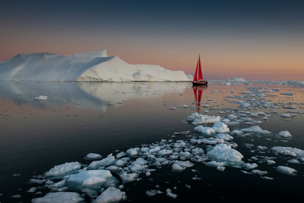 Red Sailboat Arctic Twilight by Marc Pelissier — canvas wall art