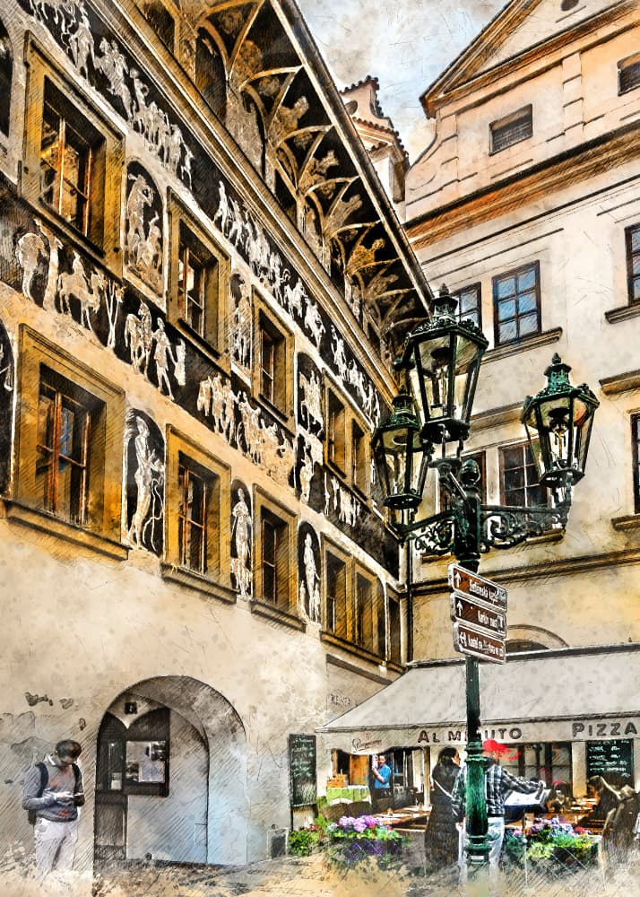 Prague Sgraffito Street Scene by Justyna Jaszke — canvas wall art