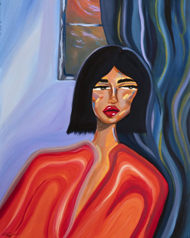 Woman In Red By Window by Amy Straley — canvas wall art