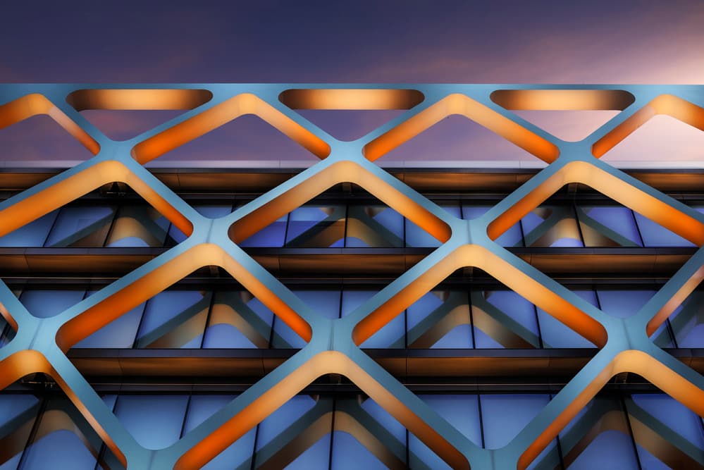 Orange Blue Grid Facade by Jorge Ruiz Dueso — canvas wall art