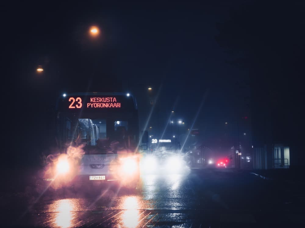 Night Bus Reflections by Petri Damstén — canvas wall art