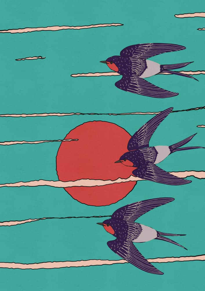 Teal Sky Swallows Flight by Nicholas — canvas wall art
