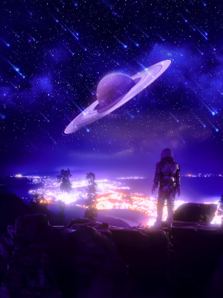 Astronaut Views Cosmic City by Ritvik takkar — canvas wall art