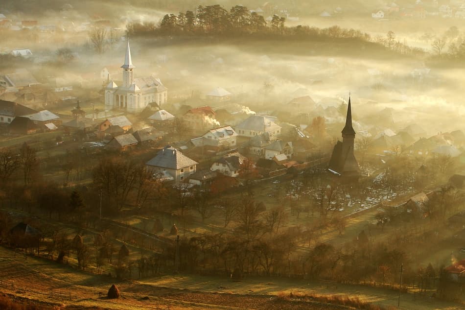 Misty Village Morning by S.C. — canvas wall art