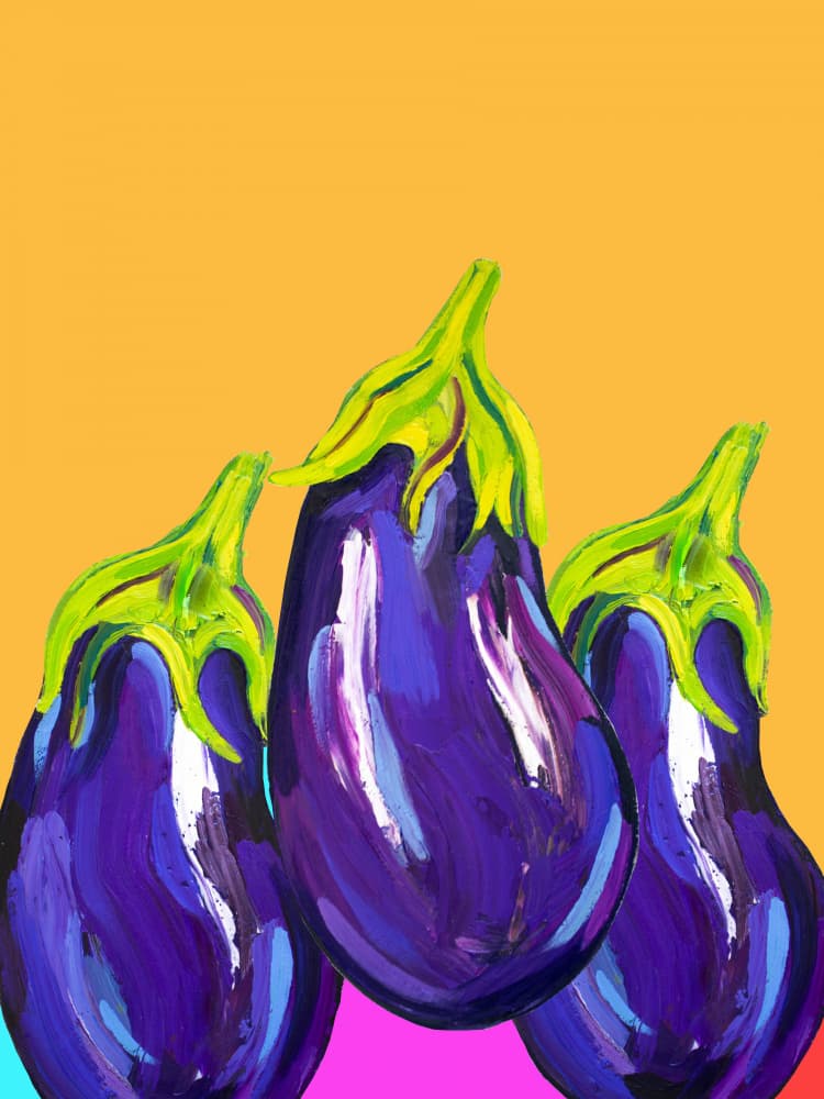 Vibrant Purple Eggplants by Alice Straker — canvas wall art