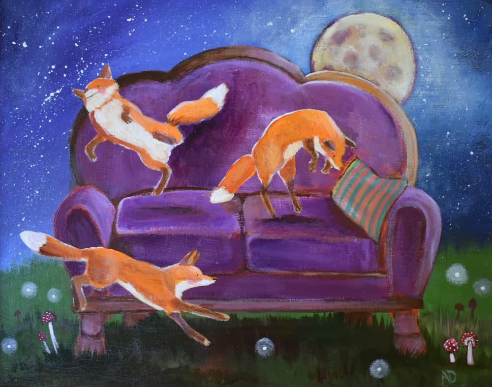 Whimsical Foxes Purple Couch by Andrea Doss — canvas wall art