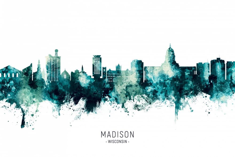 Madison Wisconsin Teal Skyline by Michael Tompsett — canvas wall art