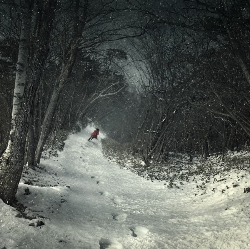 Red Coat Winter Walk by Kiyo Murakami — canvas wall art