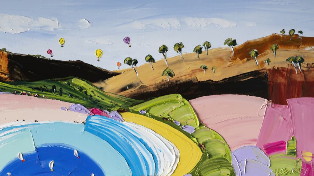 Lakeside Hot Air Balloons by Angela Hawkey — canvas wall art