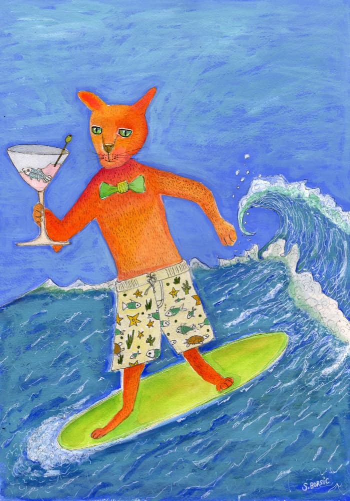 Martini Surfing Cat by Sharyn Bursic — canvas wall art