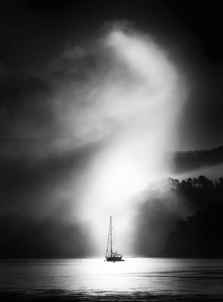 Sailboat in Dramatic Mist by Rodrigo Núñez Buj — canvas wall art