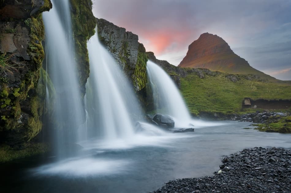 Kirkjufell Waterfalls Sunset by Karsten Wrobel — canvas wall art