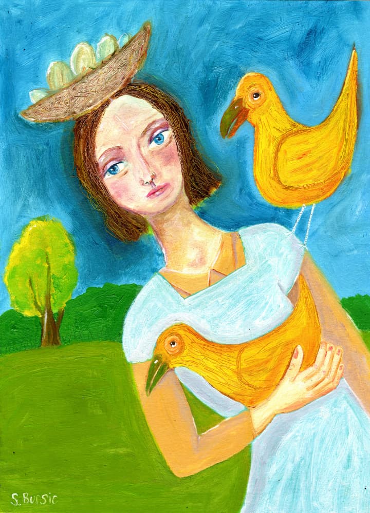 Girl with Egg Hat and Birds by Sharyn Bursic — canvas wall art