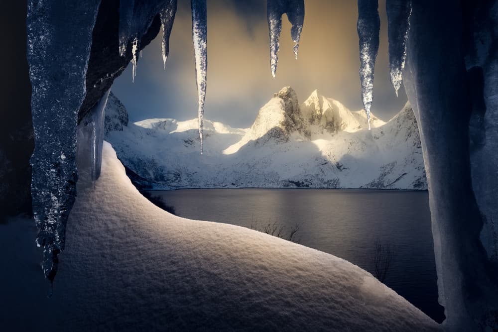 Golden Peaks Winter Fjord by Marian Kuric QEP — canvas wall art
