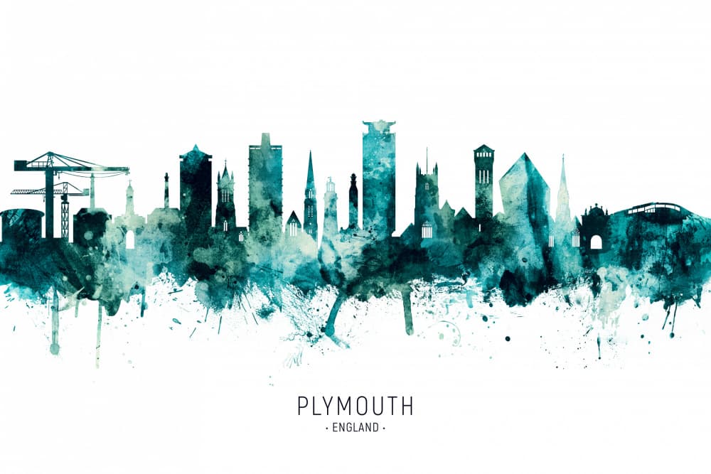 Plymouth England Watercolor Skyline by Michael Tompsett — canvas wall art