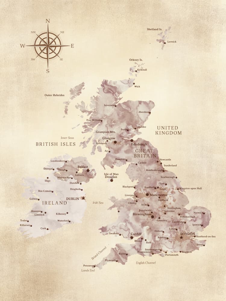 Vintage British Isles Map by Rosana Laiz Blursbyai — canvas wall art