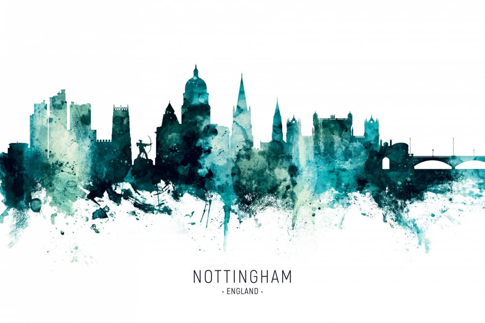 Nottingham Teal Skyline by Michael Tompsett — canvas wall art