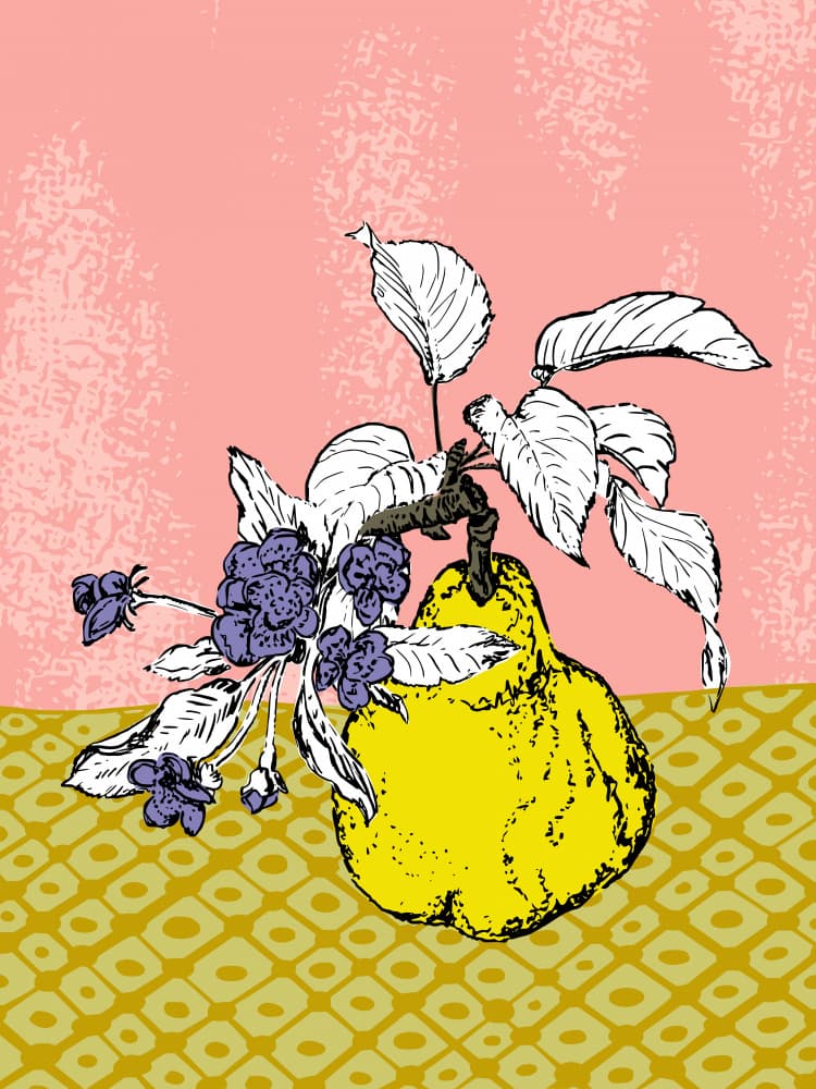 Yellow Pear and Flowers by Annick — canvas wall art