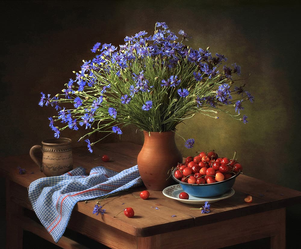 Summer Cornflowers and Cherries by Tatyana Skorokhod — canvas wall art