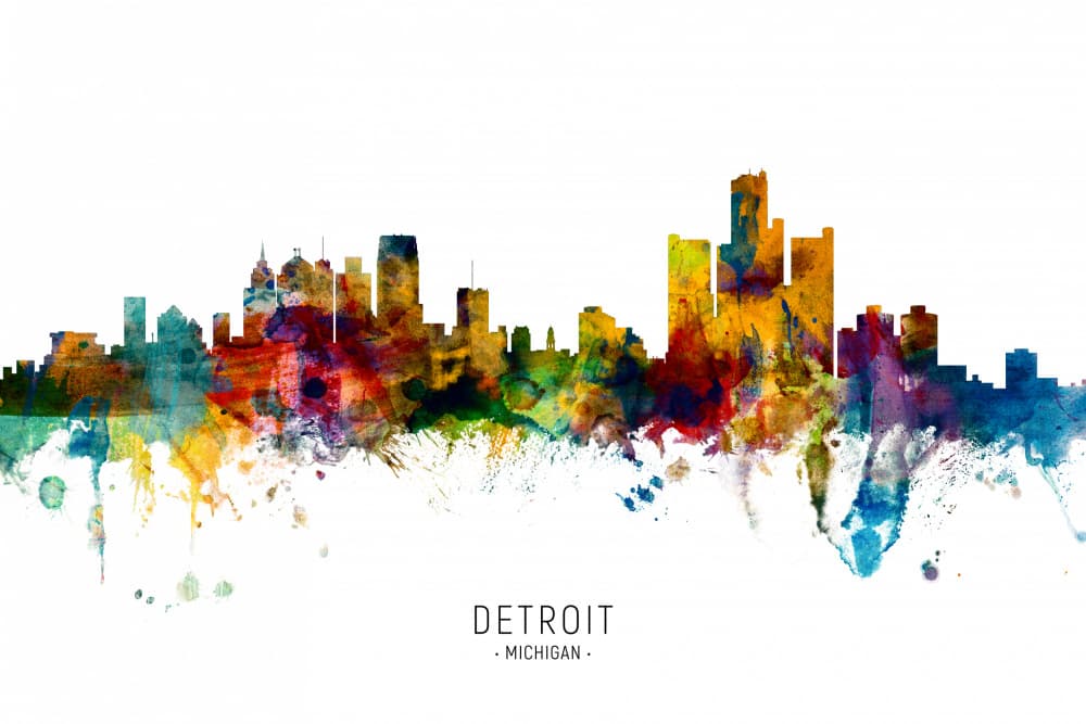 Detroit Watercolor Skyline by Michael Tompsett — canvas wall art