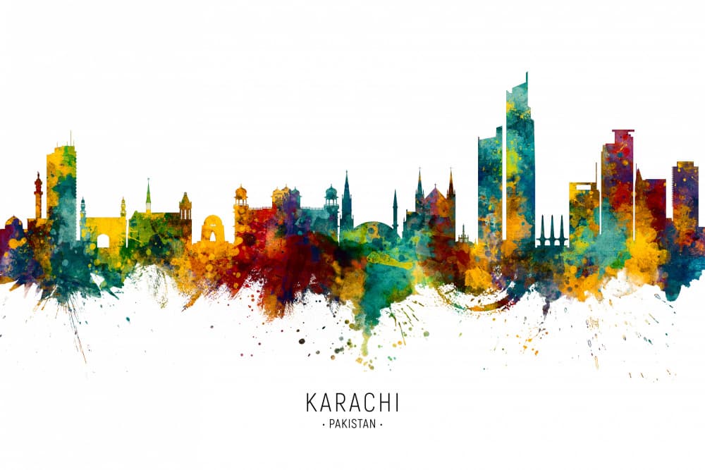 Colorful Karachi Skyline by Michael Tompsett — canvas wall art