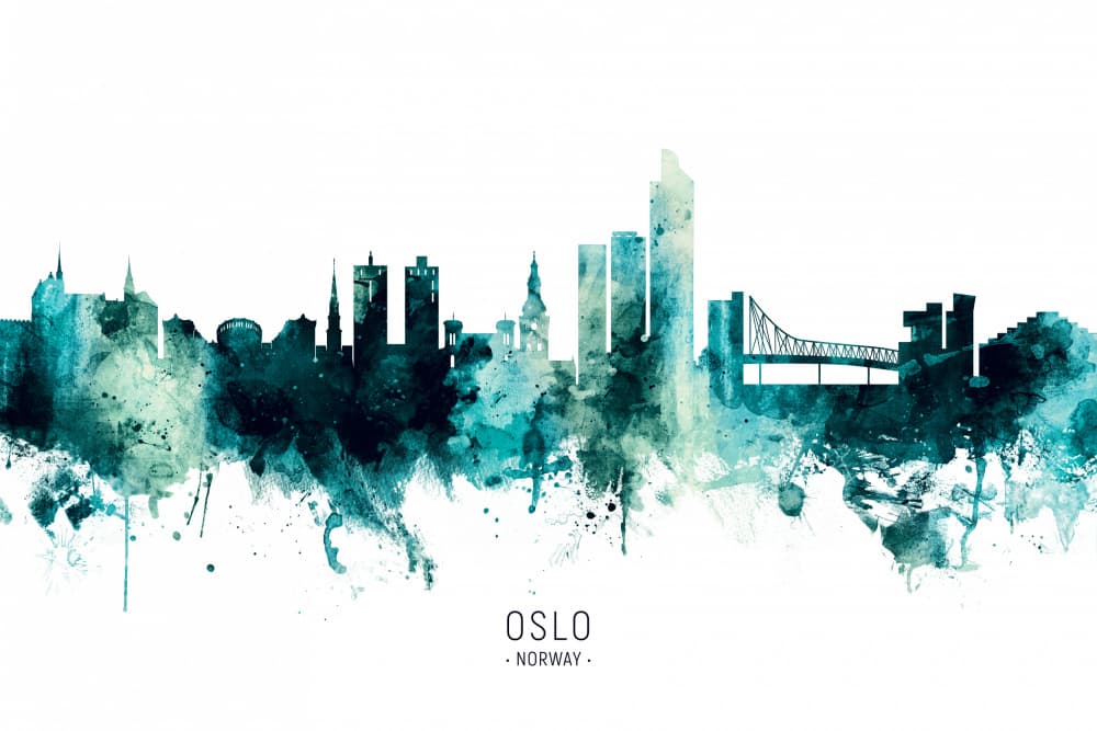 Oslo Teal Cityscape by Michael Tompsett — canvas wall art