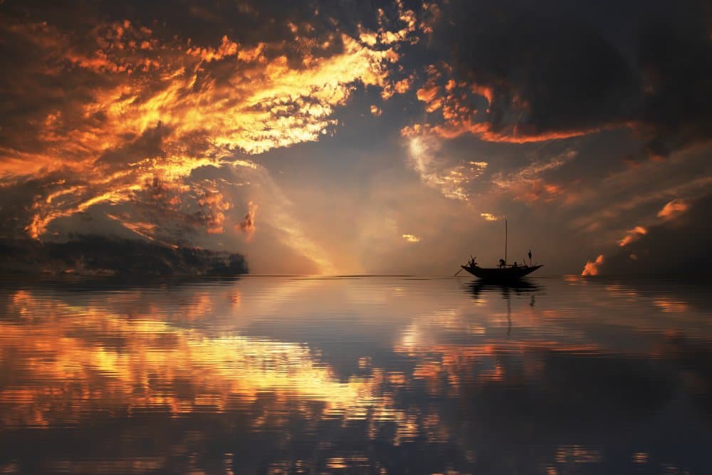 Fiery Sunset Reflections by JOYRAJ SAMANTA — canvas wall art