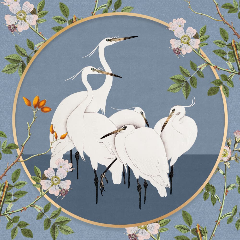 White Egrets Floral Circle by Marja van den Hurk — canvas wall art