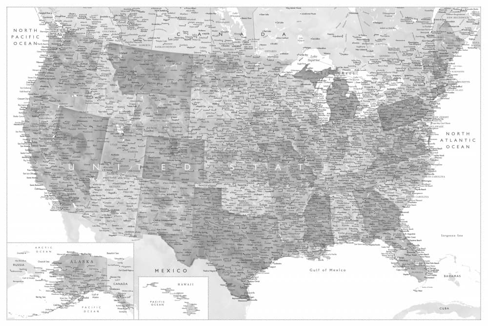Grayscale United States Map by Rosana Laiz Blursbyai — canvas wall art