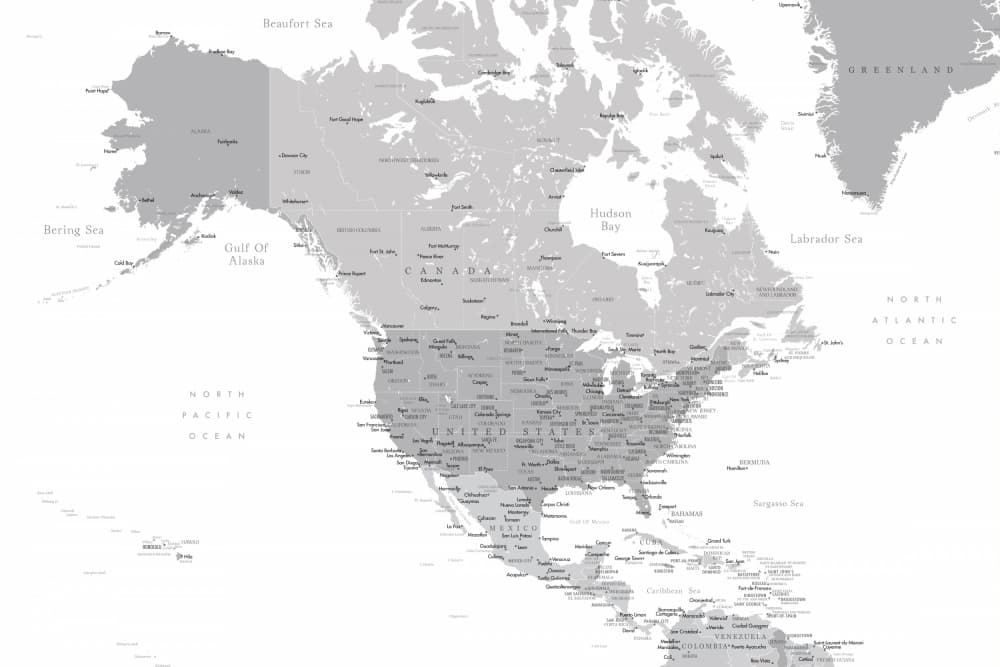 Grayscale North America Map by Rosana Laiz Blursbyai — canvas wall art