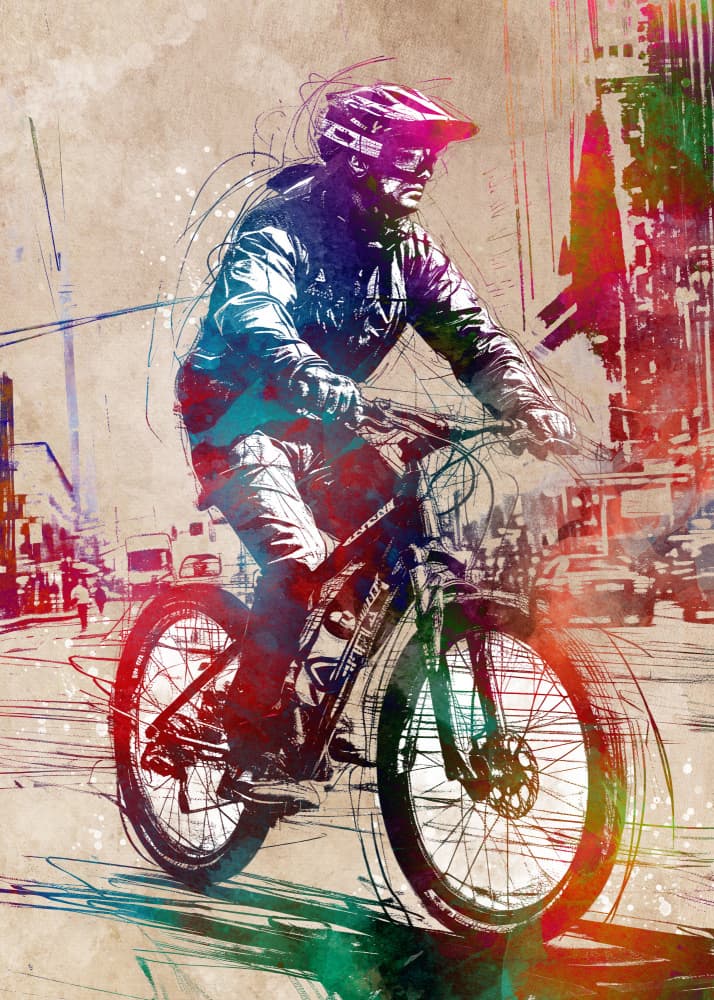 Colorful City Cyclist by Justyna Jaszke — canvas wall art