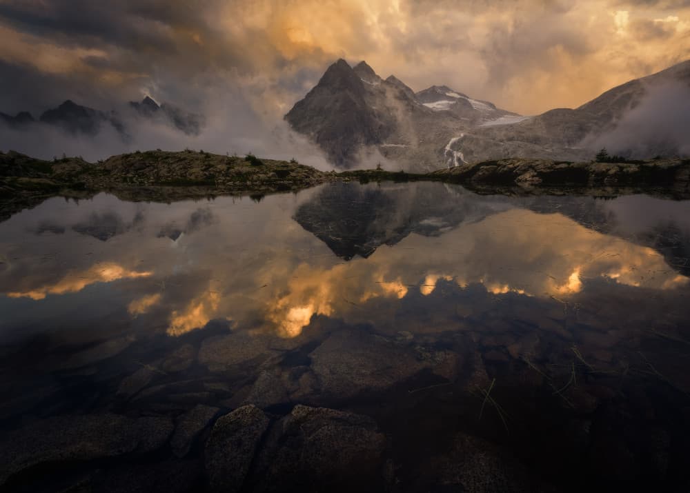 Golden Mountain Reflection by Marco Bruna — canvas wall art