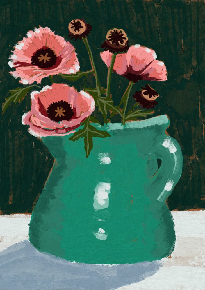 Pink Poppies Green Vase by Charlotte Trudgett — canvas wall art