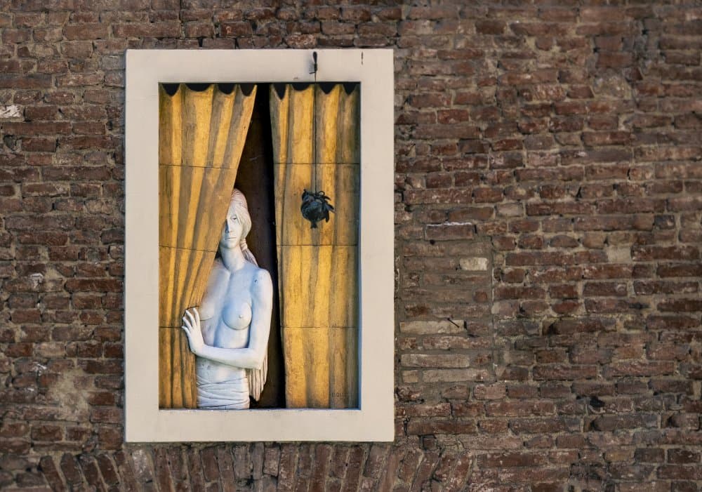 Woman Behind Golden Curtains by Fernando Abreu — canvas wall art