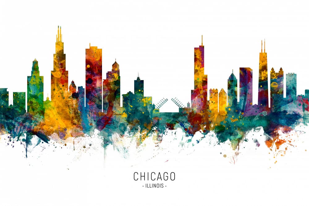 Colorful Chicago Skyline by Michael Tompsett — canvas wall art